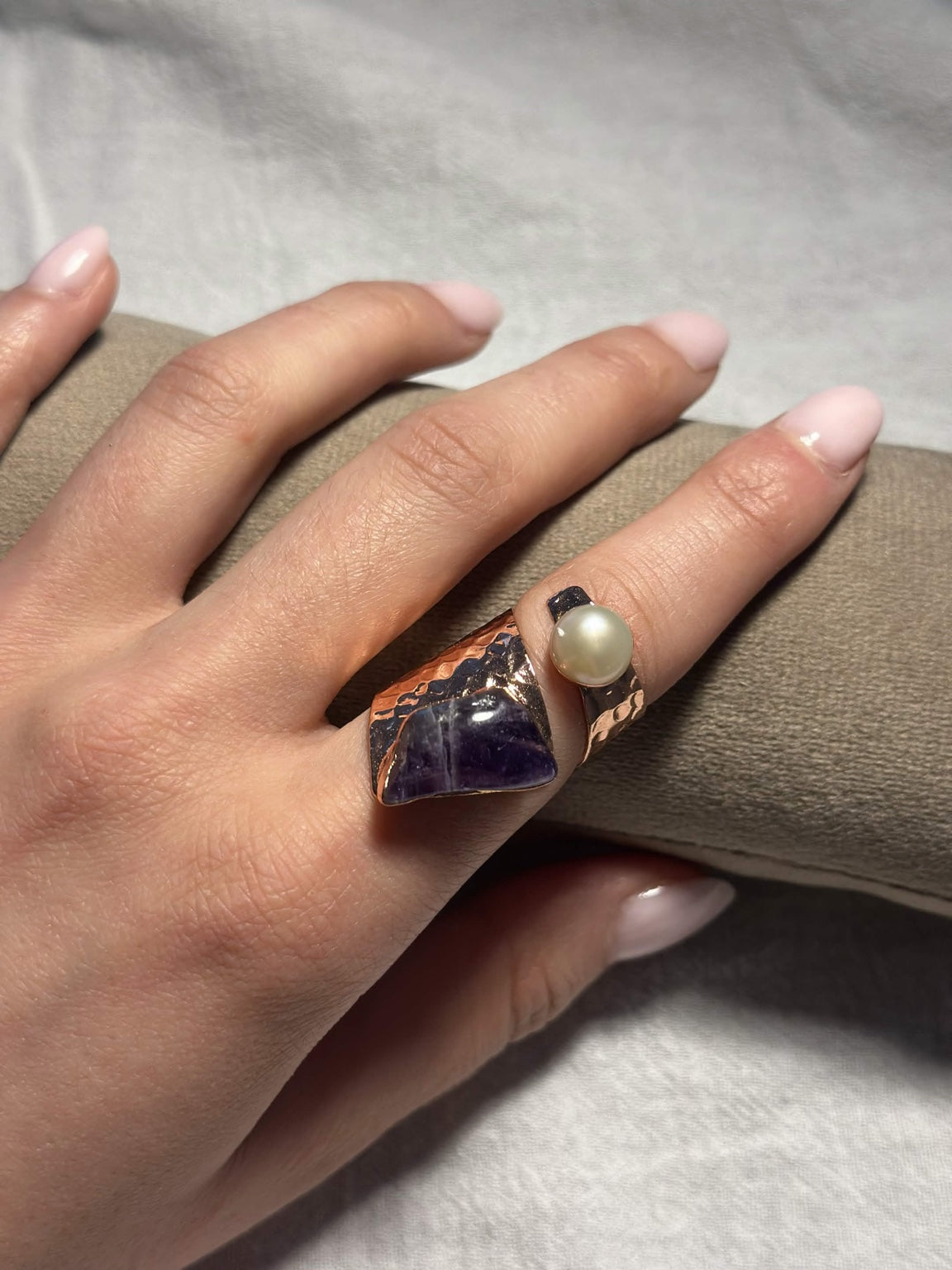 Amethyst Pearl Copper Ring