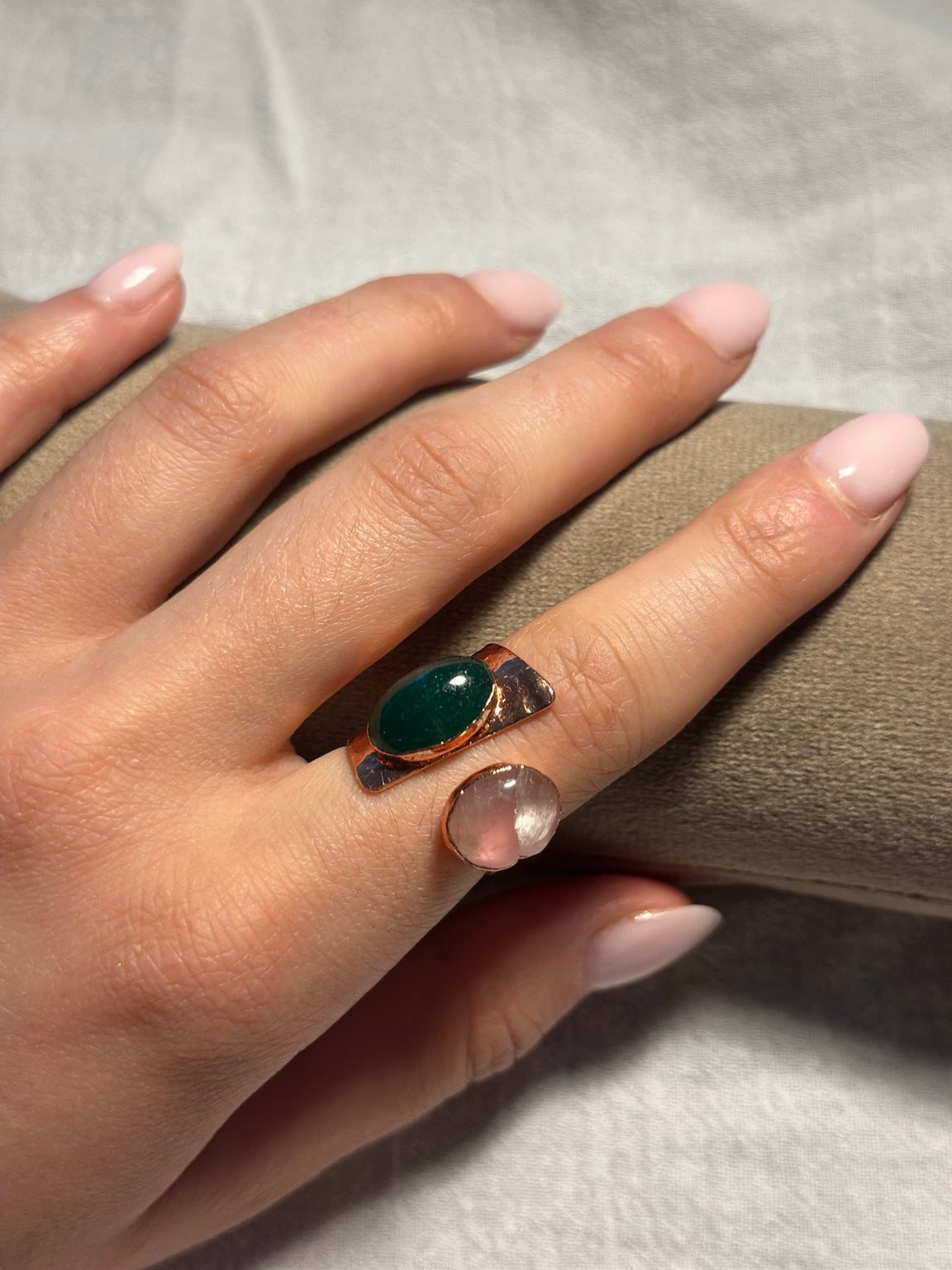 Green & Pink Double Stone Copper Ring