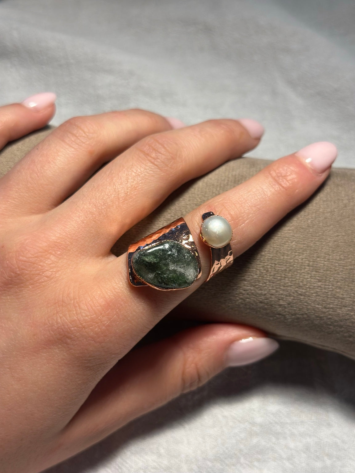 Green Stone & Pearl Copper Ring