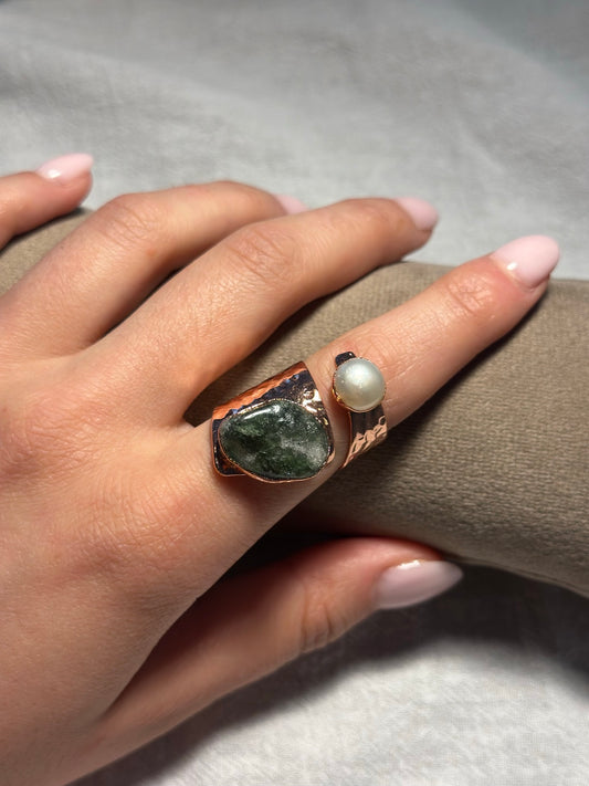 Green Stone & Pearl Copper Ring