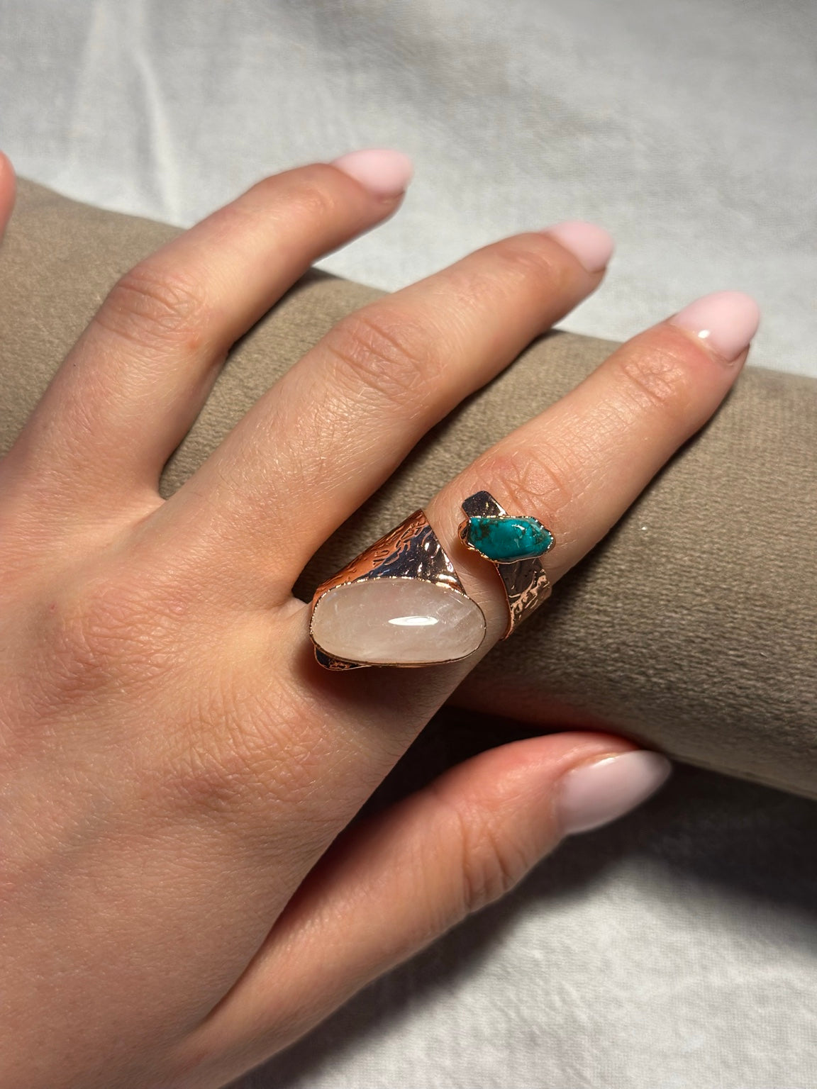 Rose Quartz & Turquoise Copper Ring