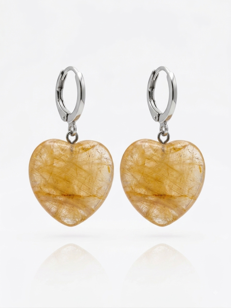 Golden Rutilated Quartz Heart Earrings