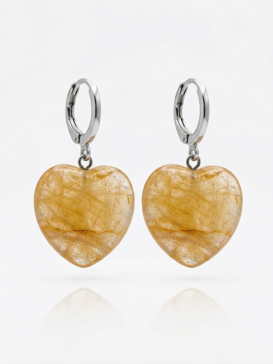 Golden Rutilated Quartz Heart Earrings