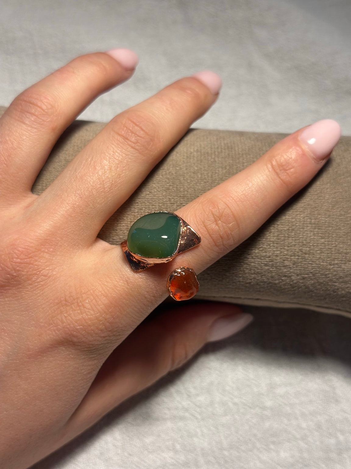 Green Stone & Amber Copper Ring