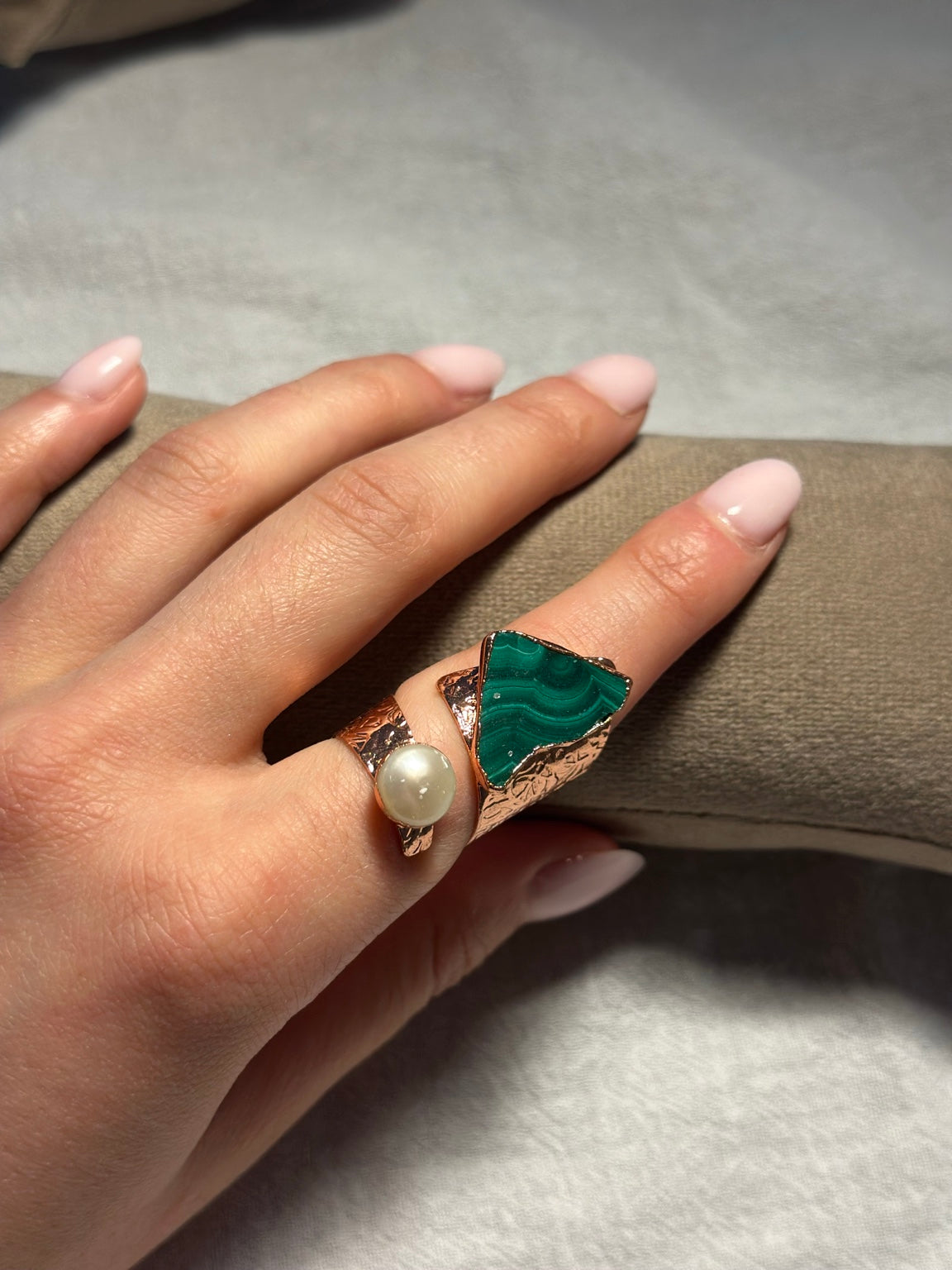 Malachite & Pearl Copper Ring